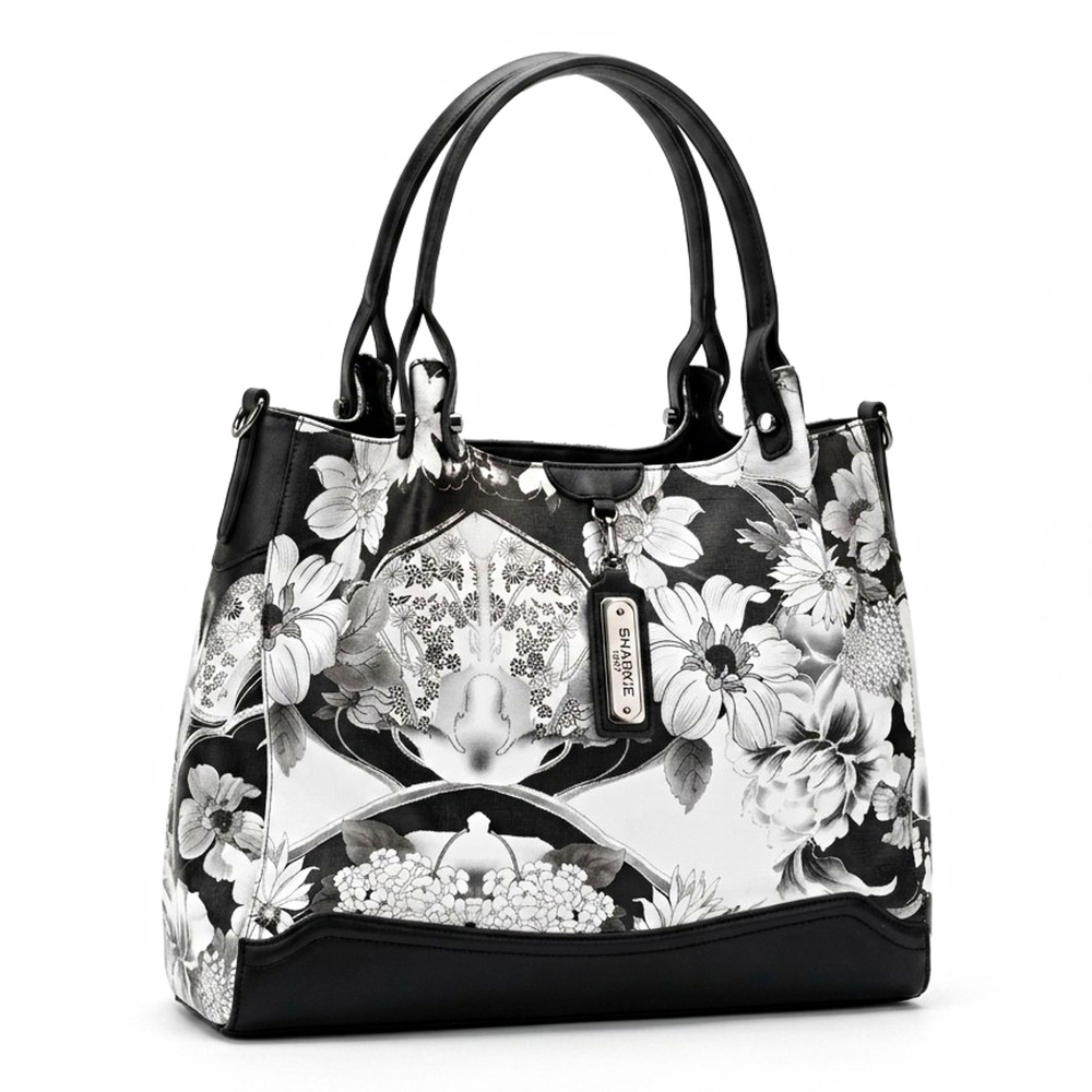 Sharif Black/White Floral Tote Bag Double Handles Magnetic Close Inner Pockets